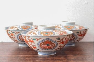明治期　伊万里焼　色絵染付　蓋茶碗3客(和食器)(R-052757)