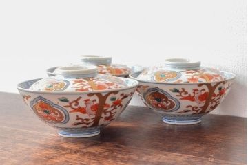 明治期　伊万里焼　色絵染付　蓋茶碗3客(和食器)(R-052757)