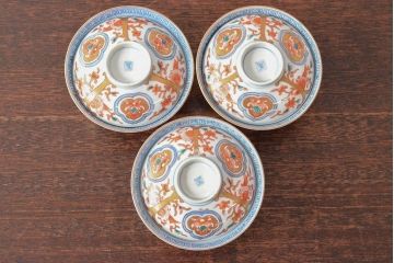 明治期　伊万里焼　色絵染付　蓋茶碗3客(和食器)(R-052757)