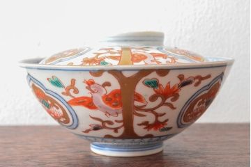 明治期　伊万里焼　色絵染付　蓋茶碗3客(和食器)(R-052757)