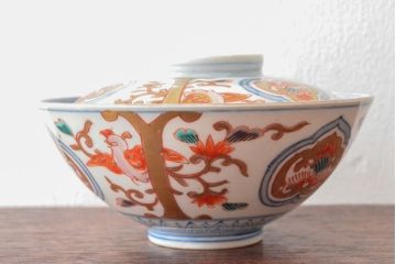 明治期　伊万里焼　色絵染付　蓋茶碗3客(和食器)(R-052757)