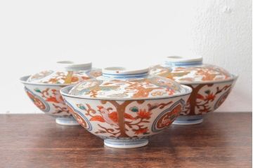 明治期　伊万里焼　色絵染付　蓋茶碗3客(和食器)(R-052758)