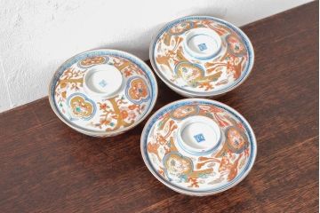 明治期　伊万里焼　色絵染付　蓋茶碗3客(和食器)(R-052758)