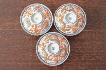 明治期　伊万里焼　色絵染付　蓋茶碗3客(和食器)(R-052758)