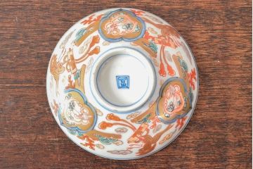 明治期　伊万里焼　色絵染付　蓋茶碗3客(和食器)(R-052758)