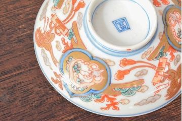 明治期　伊万里焼　色絵染付　蓋茶碗3客(和食器)(R-052758)
