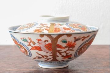 明治期　伊万里焼　色絵染付　蓋茶碗3客(和食器)(R-052758)
