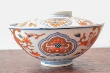 明治期　伊万里焼　色絵染付　蓋茶碗3客(和食器)(R-052758)