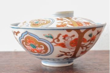 明治期　伊万里焼　色絵染付　蓋茶碗3客(和食器)(R-052758)