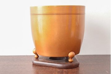 明治〜大正　色の綺麗な三足真鍮火鉢(唐金、手あぶり、火箸付)(R-052759)