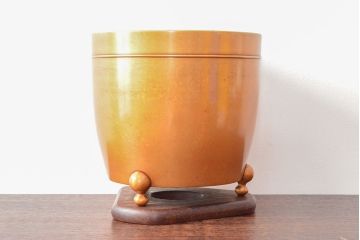 明治〜大正　色の綺麗な三足真鍮火鉢(唐金、手あぶり、火箸付)(R-052759)