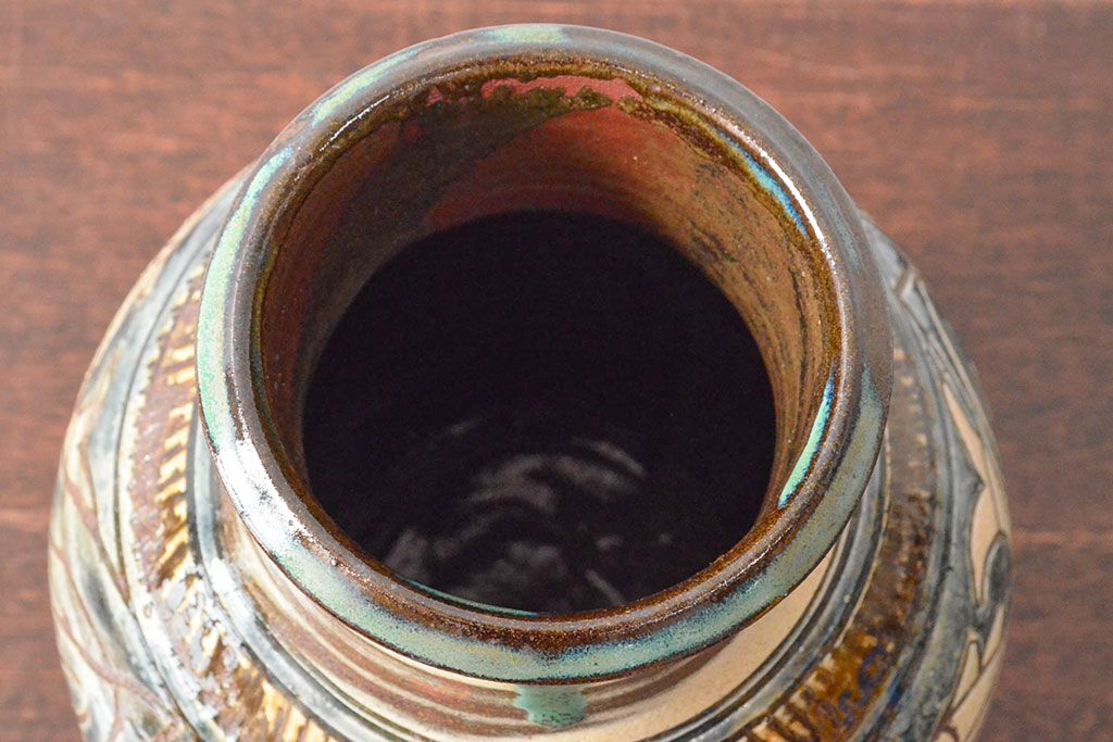 人間国宝　金城次郎　壷屋焼　海老魚文壷　30.5cm(共箱、花入、花器)(R-052788)