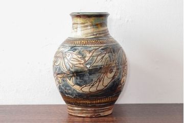 人間国宝　金城次郎　壷屋焼　海老魚文壷　30.5cm(共箱、花入、花器)(R-052788)