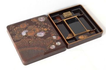 明治期　梨地螺鈿高蒔絵　鶏図　木製硯箱(漆器、書道具)(R-052792)