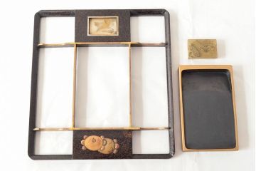 明治期　梨地螺鈿高蒔絵　鶏図　木製硯箱(漆器、書道具)(R-052792)