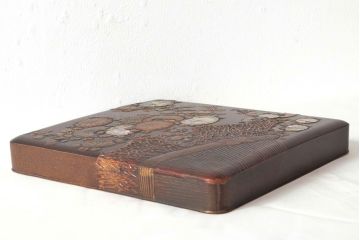 明治期　梨地螺鈿高蒔絵　鶏図　木製硯箱(漆器、書道具)(R-052792)