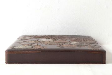 明治期　梨地螺鈿高蒔絵　鶏図　木製硯箱(漆器、書道具)(R-052792)