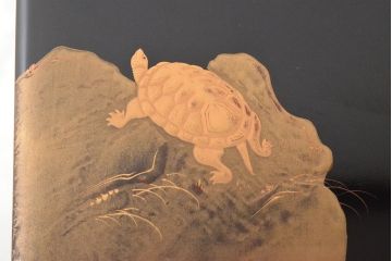 明治期　鶴亀の図　内梨地　蒔絵　木製文箱(書箱、漆器)(R-052793)