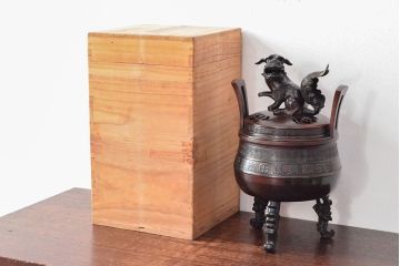 明治期　金鐘堂　紫銅鼎形　香炉(三足、唐獅子)(R-052794)