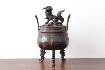 明治期　金鐘堂　紫銅鼎形　香炉(三足、唐獅子)(R-052794)
