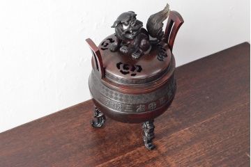明治期　金鐘堂　紫銅鼎形　香炉(三足、唐獅子)(R-052794)