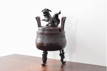 明治期　金鐘堂　紫銅鼎形　香炉(三足、唐獅子)(R-052794)