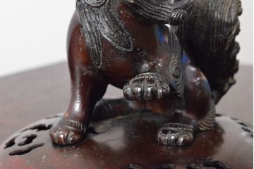 明治期　金鐘堂　紫銅鼎形　香炉(三足、唐獅子)(R-052794)
