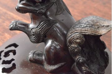 明治期　金鐘堂　紫銅鼎形　香炉(三足、唐獅子)(R-052794)