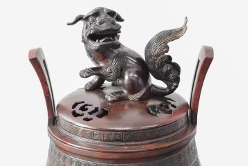 明治期　金鐘堂　紫銅鼎形　香炉(三足、唐獅子)(R-052794)