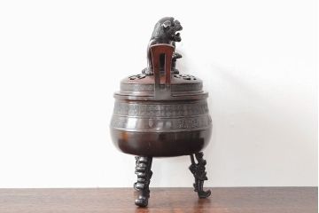 明治期　金鐘堂　紫銅鼎形　香炉(三足、唐獅子)(R-052794)