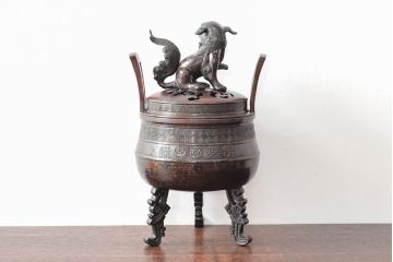 明治期　金鐘堂　紫銅鼎形　香炉(三足、唐獅子)(R-052794)