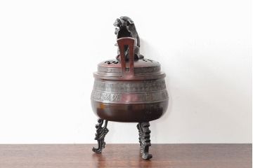 明治期　金鐘堂　紫銅鼎形　香炉(三足、唐獅子)(R-052794)