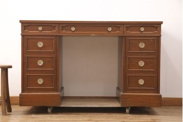 中古　DREXEL HERITAGE(ドレクセルヘリテイジ)　Triune(トライユン)　レザートップが格好いいマホガニー材製のデスク(両袖机、在宅ワーク、在宅用ワークデスク)(定価約75万円)(R-052796)