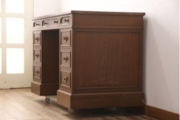 中古　DREXEL HERITAGE(ドレクセルヘリテイジ)　Triune(トライユン)　レザートップが格好いいマホガニー材製のデスク(両袖机、在宅ワーク、在宅用ワークデスク)(定価約75万円)(R-052796)