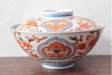 幕末〜明治　色絵染付　蓋茶碗3客(和食器)(R-052808)