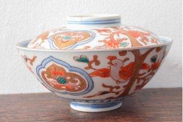 幕末〜明治　色絵染付　蓋茶碗3客(和食器)(R-052808)