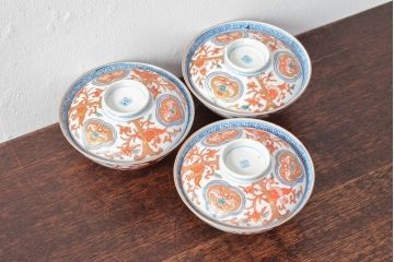 幕末〜明治　色絵染付　蓋茶碗3客(和食器)(R-052808)