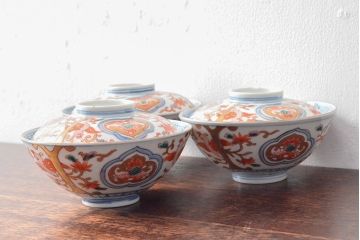 幕末〜明治　色絵染付　蓋茶碗3客(和食器)(R-052808)