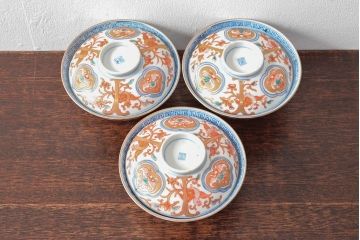 幕末〜明治　色絵染付　蓋茶碗3客(和食器)(R-052808)