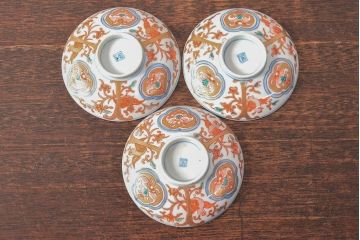 幕末〜明治　色絵染付　蓋茶碗3客(和食器)(R-052808)