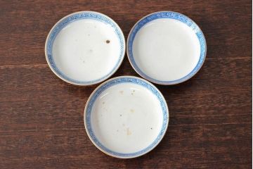 幕末〜明治　色絵染付　蓋茶碗3客(和食器)(R-052808)