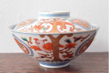 幕末〜明治　色絵染付　蓋茶碗3客(和食器)(R-052808)