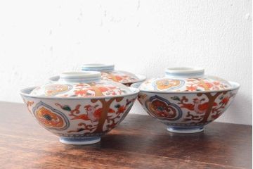 幕末〜明治　色絵染付　蓋茶碗3客(和食器)(R-052809)