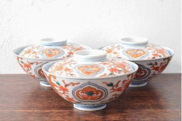 幕末〜明治　色絵染付　蓋茶碗3客(和食器)(R-052809)