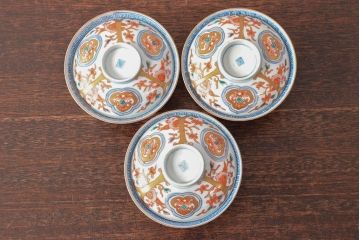 幕末〜明治　色絵染付　蓋茶碗3客(和食器)(R-052809)