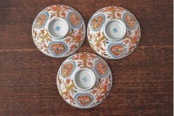 幕末〜明治　色絵染付　蓋茶碗3客(和食器)(R-052809)