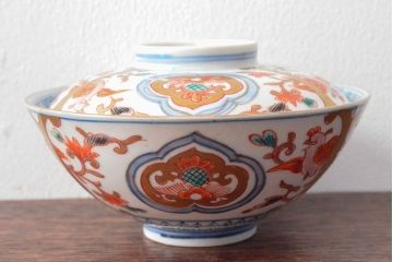 幕末〜明治　色絵染付　蓋茶碗3客(和食器)(R-052809)