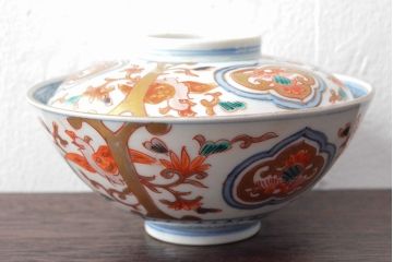 幕末〜明治　色絵染付　蓋茶碗5客(和食器)(R-052810)