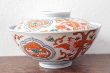 幕末〜明治　色絵染付　蓋茶碗5客(和食器)(R-052811)