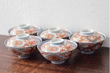 幕末〜明治　色絵染付　蓋茶碗5客(和食器)(R-052811)